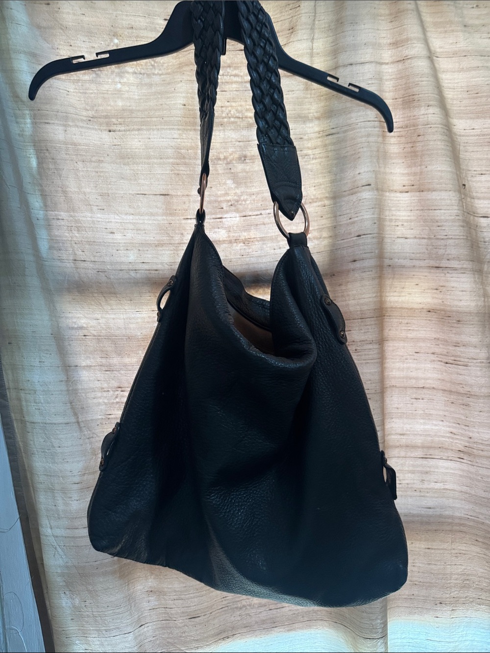 Braided-Handle Leather Shoulder Bag in Dark muted green